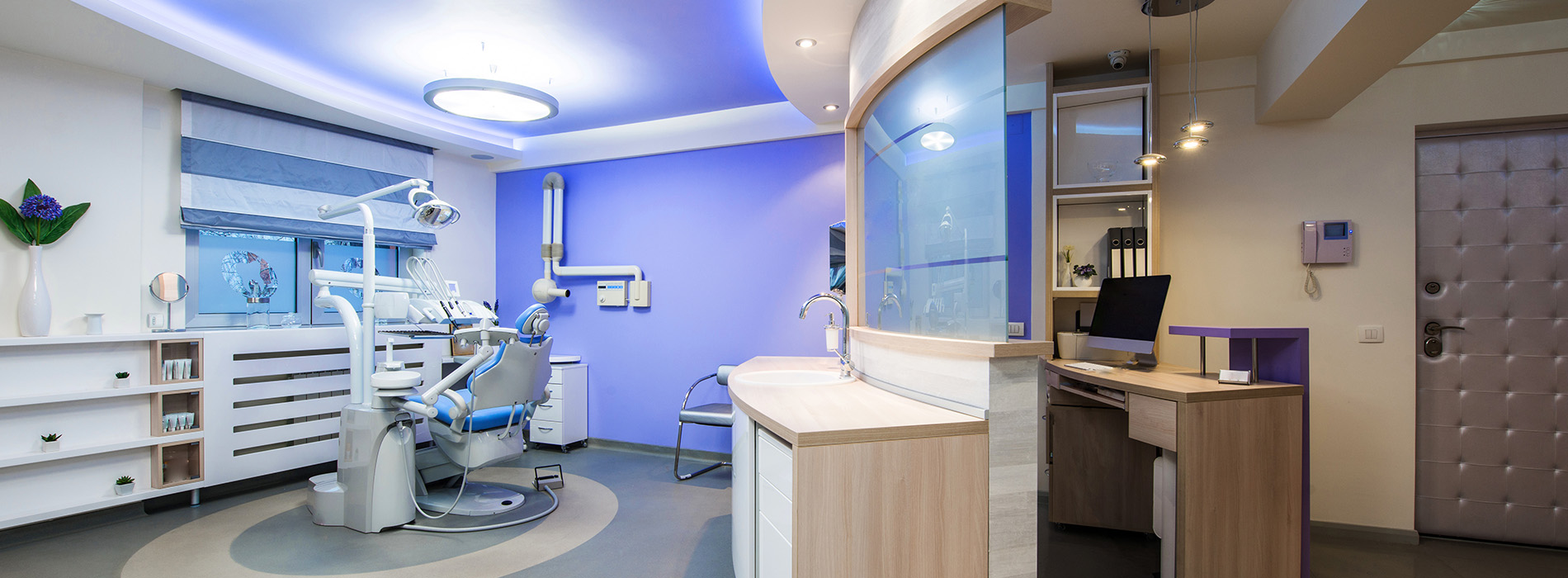 A collage of a modern dental office interior, showcasing equipment and furniture.